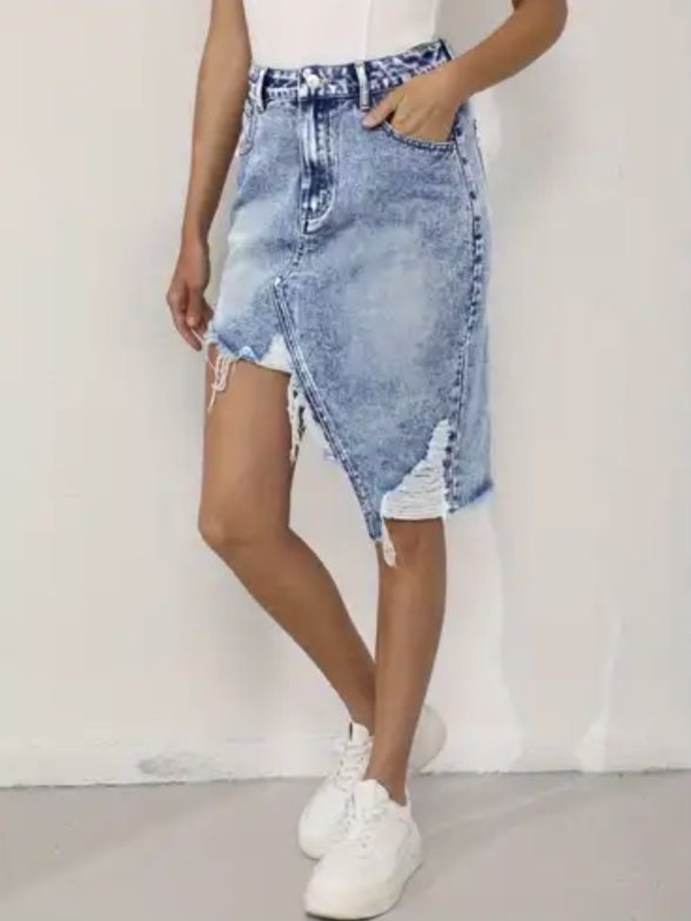 SHEIN Light Blue Asymmetric Distressed Denim Skirt